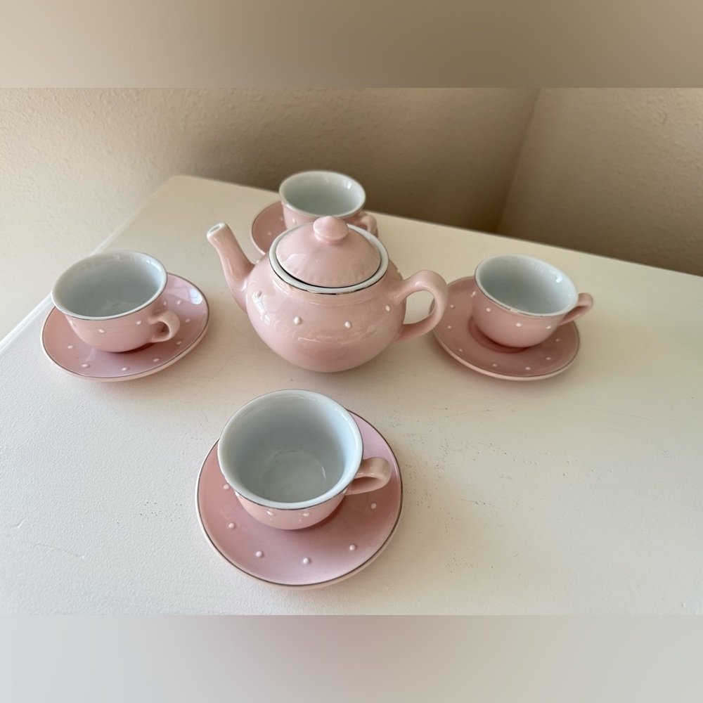 Pottery Barn Kids | Lets Play | Pink & White Polka Dot Porcelain Tea Set 10 PC